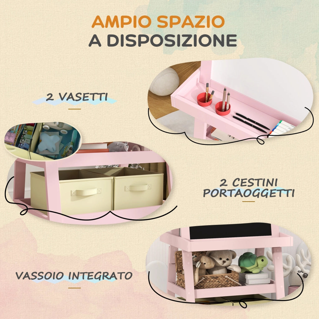 Lavagna per Bambini 3 in 1 con Cavalletto e Contenitori ¨C Minimal ¨C Legno Rosa 59x48x118 cm