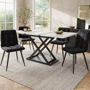 Set tavolo da pranzo allungabile con 4 sedie in velluto, bianco e nero