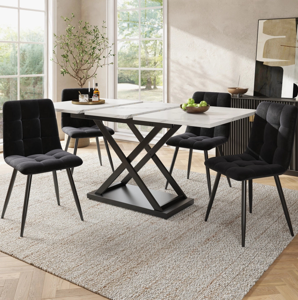 Set tavolo da pranzo allungabile con 4 sedie in velluto, bianco e nero