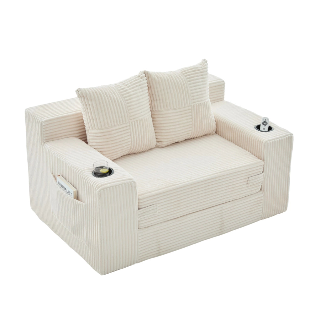 Divano pouf in velluto a coste beige con tasche laterali e 2 cuscini HOMVRA