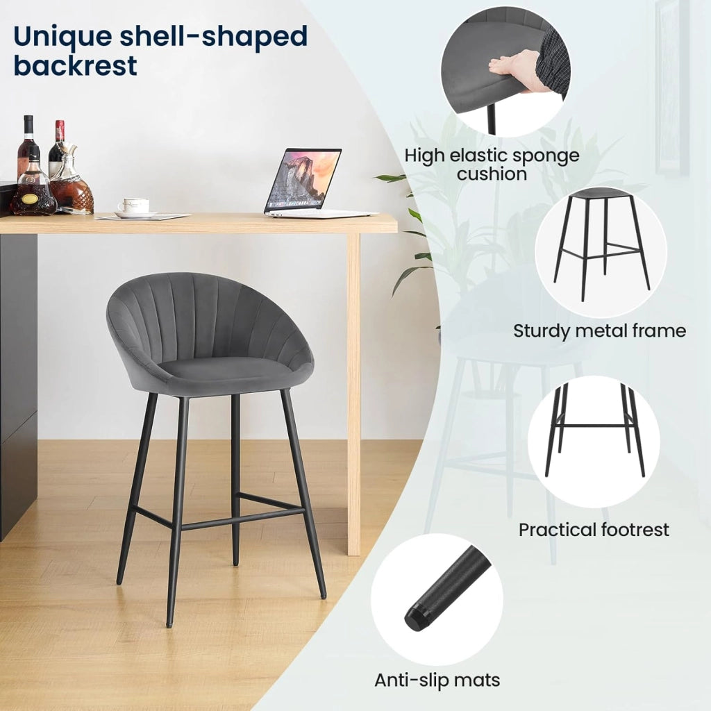 Set di 2 Sgabelli Bar Oversize 54x36 cm, Sgabelli Cucina Moderni, Sedie da Bar con Schienale e Poggiapiedi, per Bistrot Caffetteria, in Velluto e Metallo, Verde Scuro