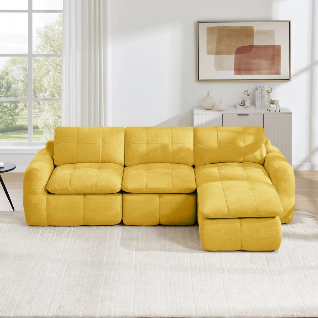 Divano modulare angolare 3 posti senza montaggio con seduta ergonomica in chenille gialla 264 × 160 × 68 cm