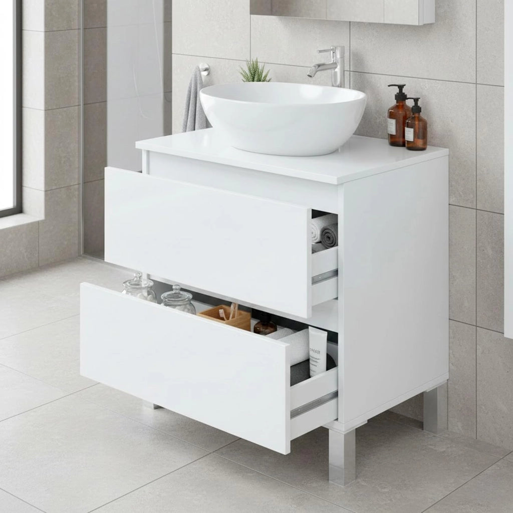 Mobile Bagno Con Lavabo Da Appoggio Due Cassetti Salvaspazio Guide In Metallo E Gambe In Alluminio Stile Moderno Minimal Per Lavanderia E Ripostiglio 63.5 x 60 x 40 Cm Bianco Lucido