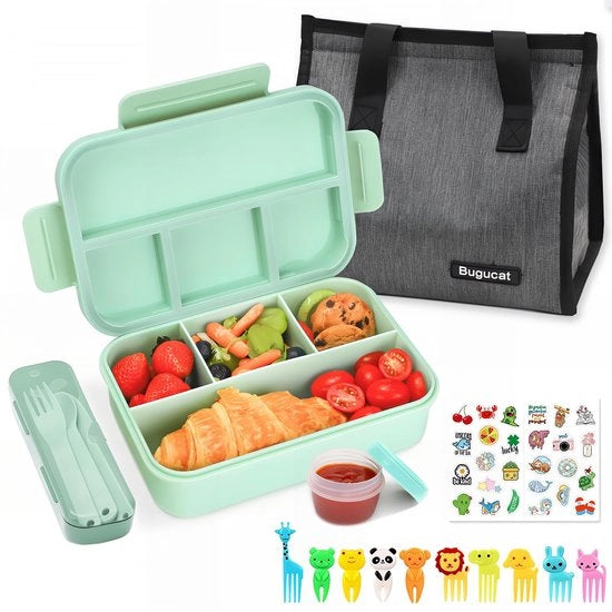 Lunchbox con compartimenti 1300ML, impermeabile per bambini con borsa per la merenda, bentobox con set di utensili e forchetta per frutta per adulti, box per la colazione per ragazzi e ragazze, verde