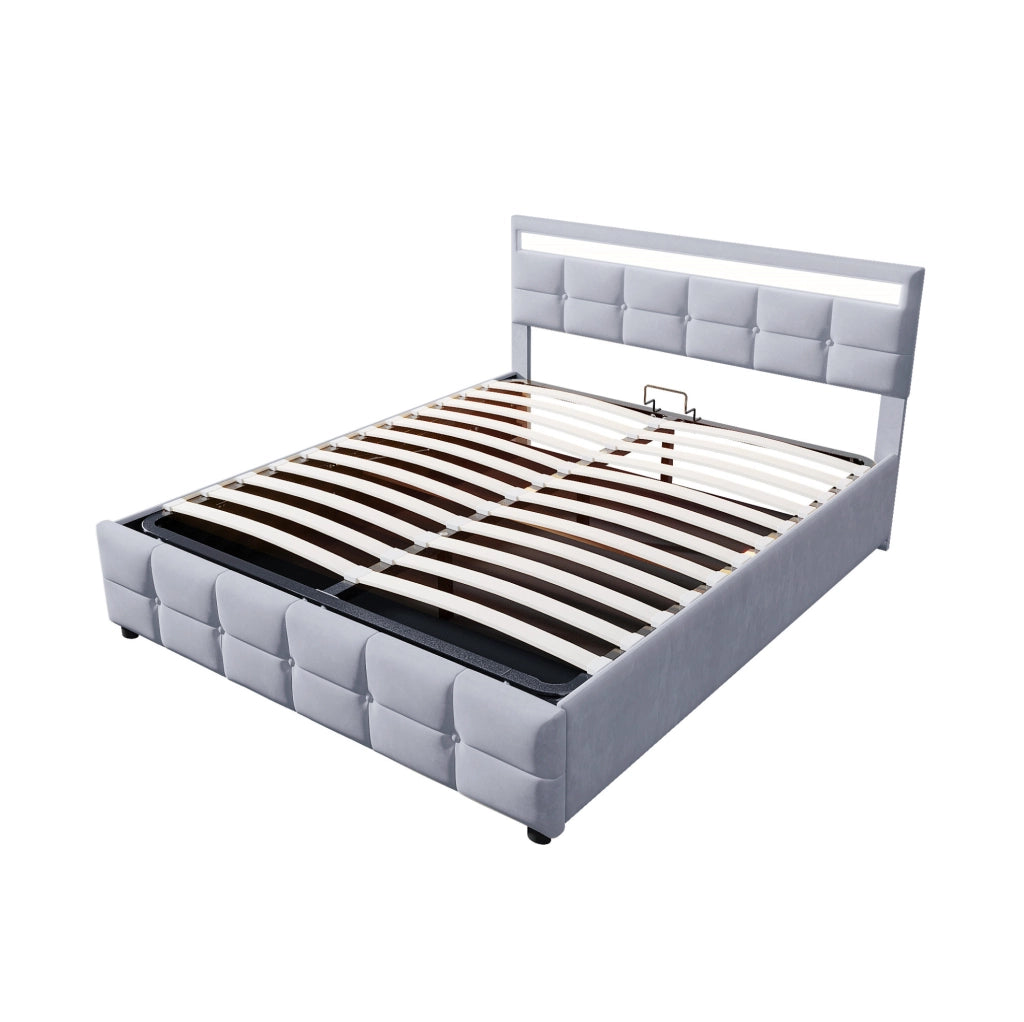 Letto imbottito ULEVR 180x200 cm con contenitore idraulico e luci LED, velluto grigio