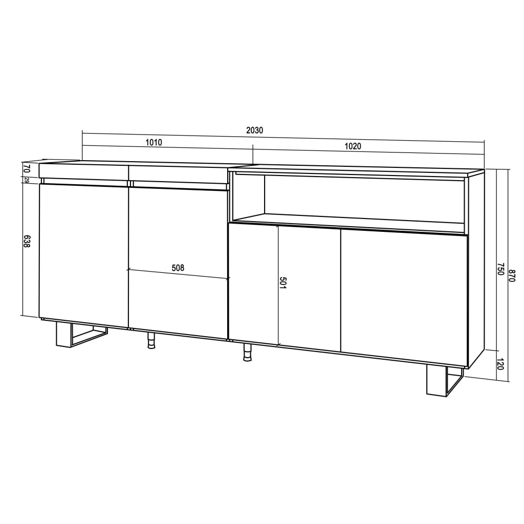 Credenza, Mobile, 200x35x87cm, 4 Porte, Design industriale, grigio cemento RF2372