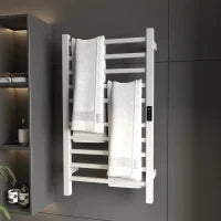 Scaldasalviette Elettrico Smart a 10 Barre con Timer e Display LCD, in Acciaio Inox, 45x11x80 cm, Bianco