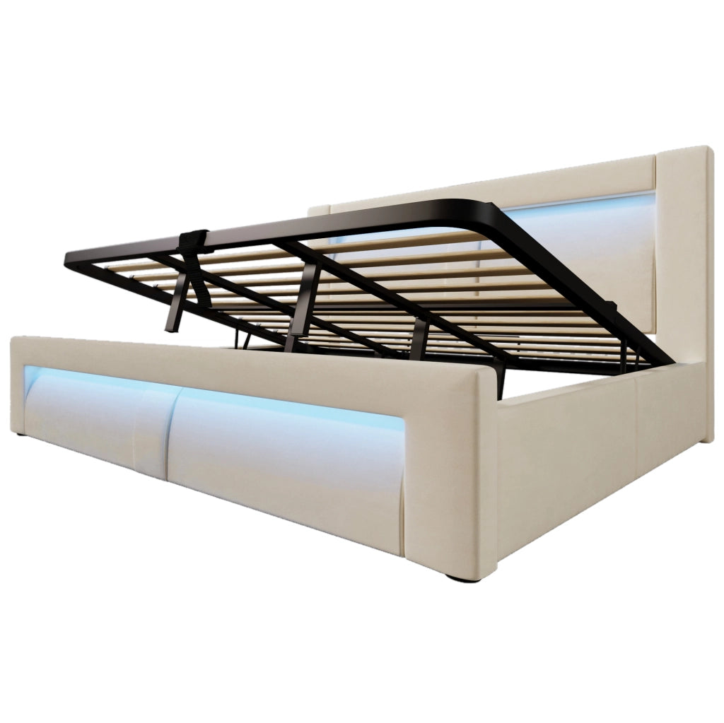 Letto matrimoniale 180x200 cm con contenitore; LED e porte USB Tipo C; velluto beige