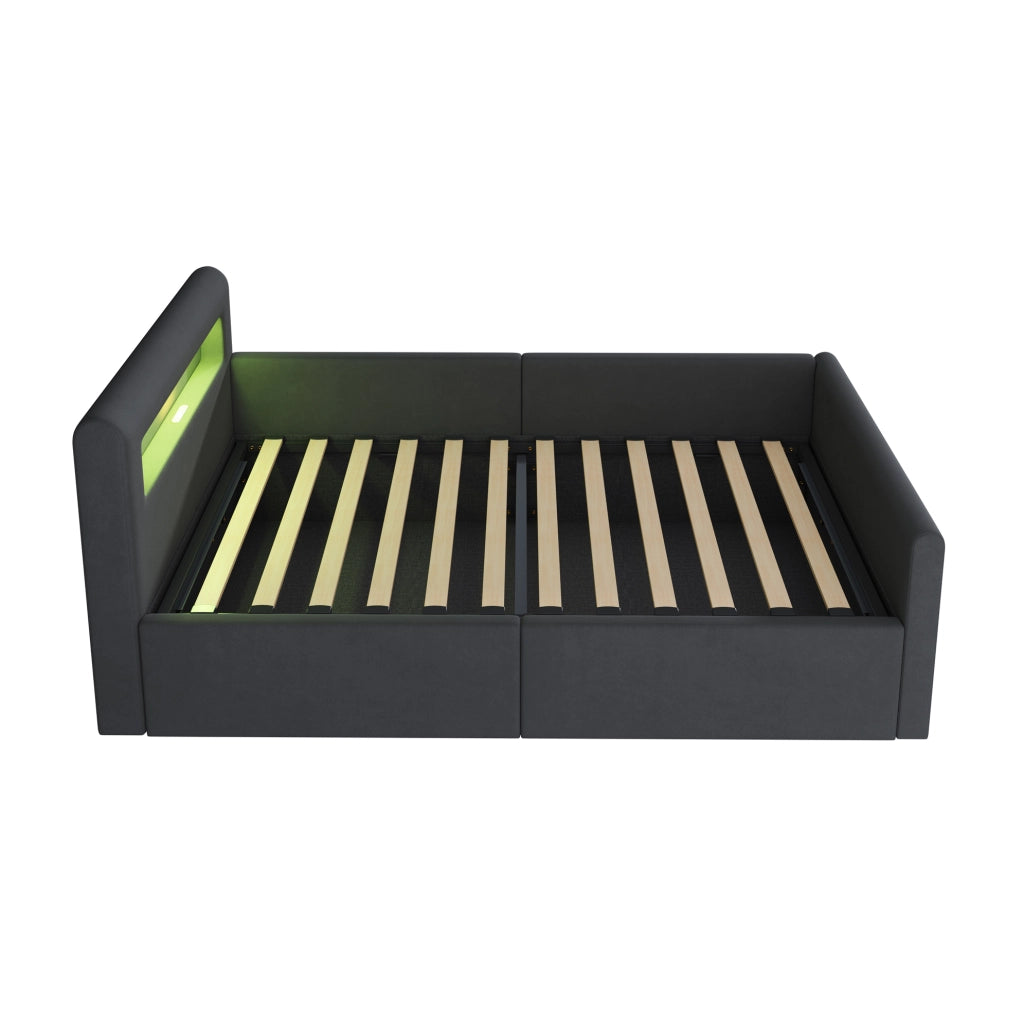 Letto imbottito 90x200 cm con LED; USB e contenitore in velluto grigio