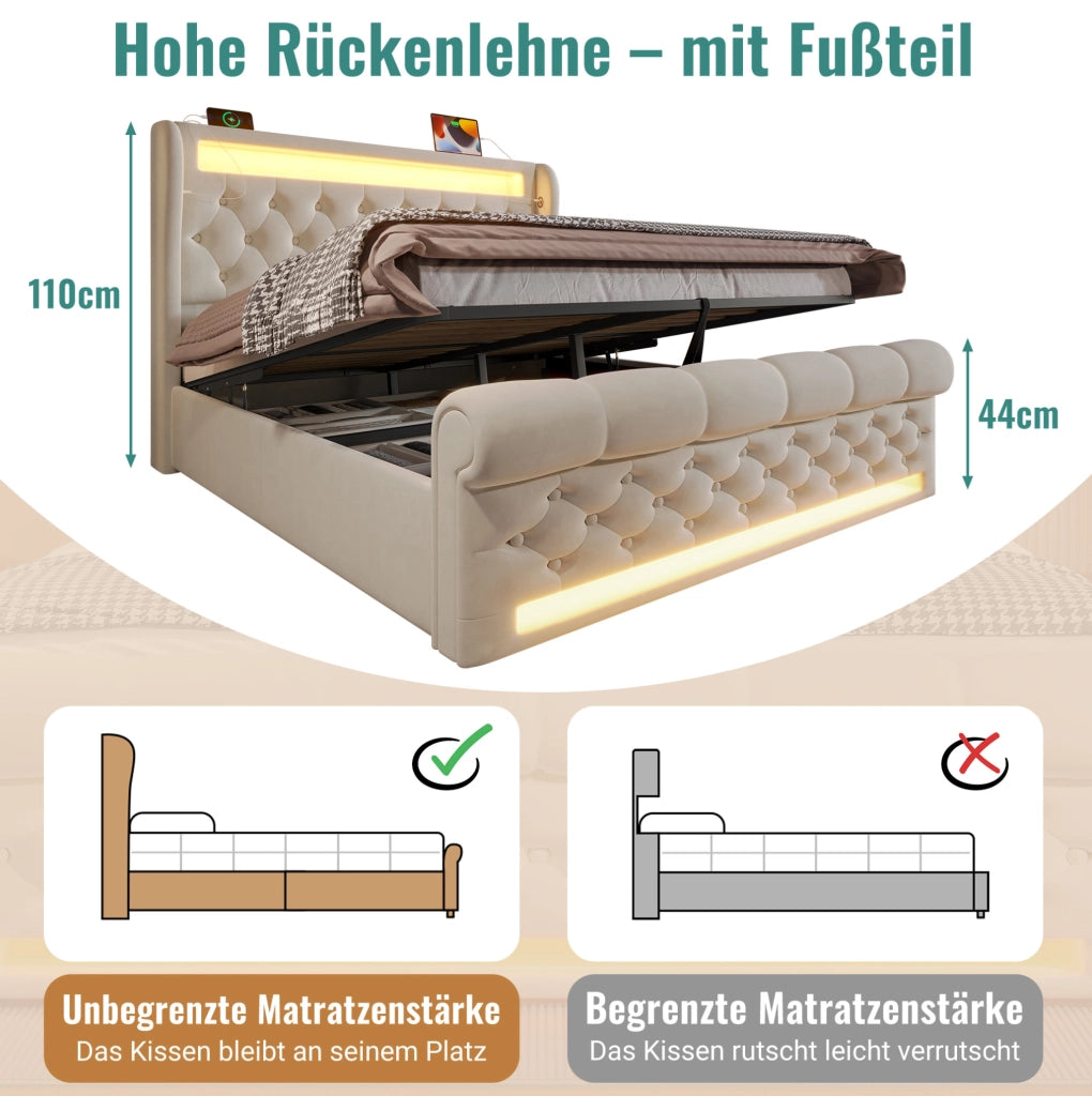 Letto imbottito con LED, testiera con porte USB e tipo C, contenitore idraulico, beige