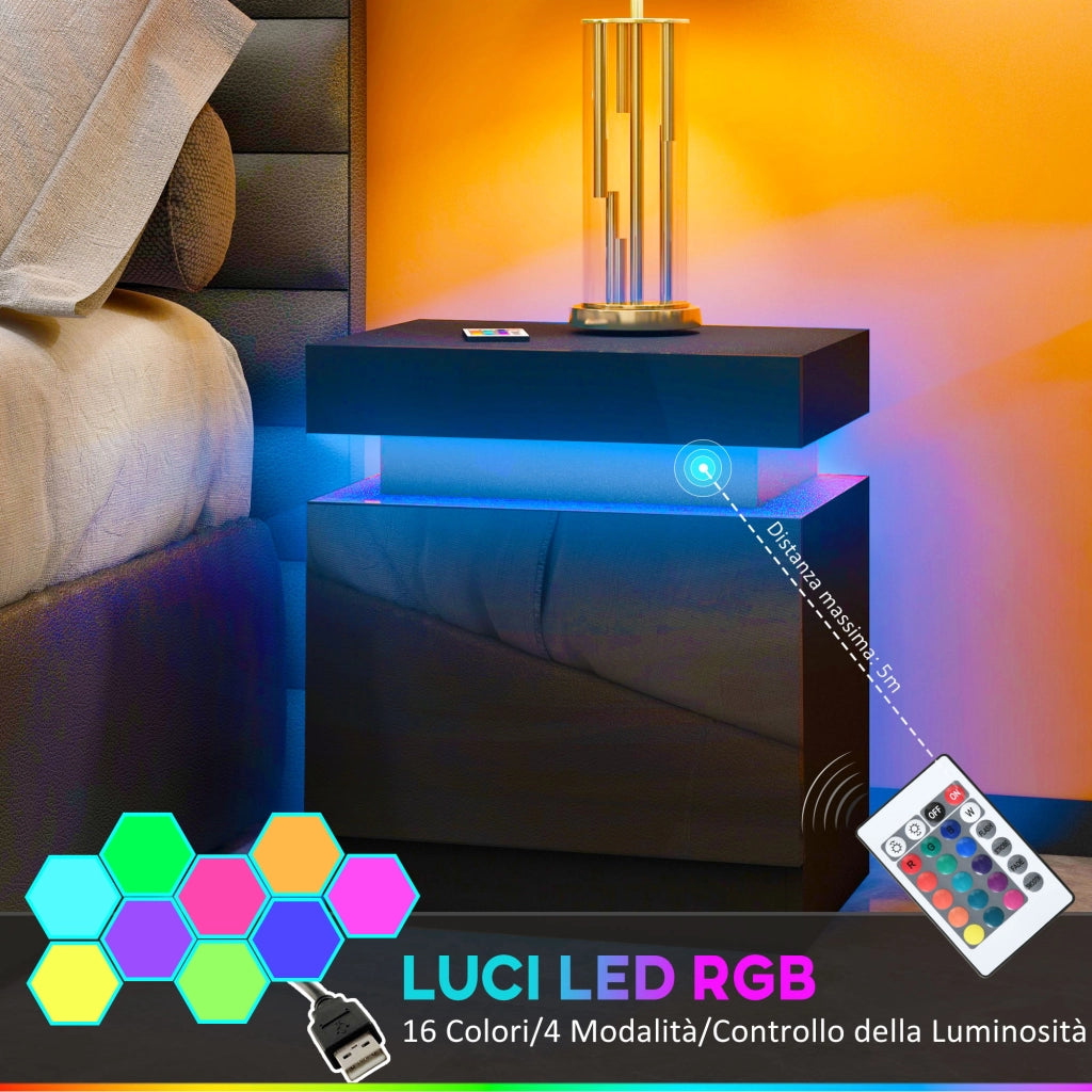 Comodino 45x35x52 cm Illuminazione LED a 16 Colori e 4 Modalità con 2 Cassetti in Legno Nero