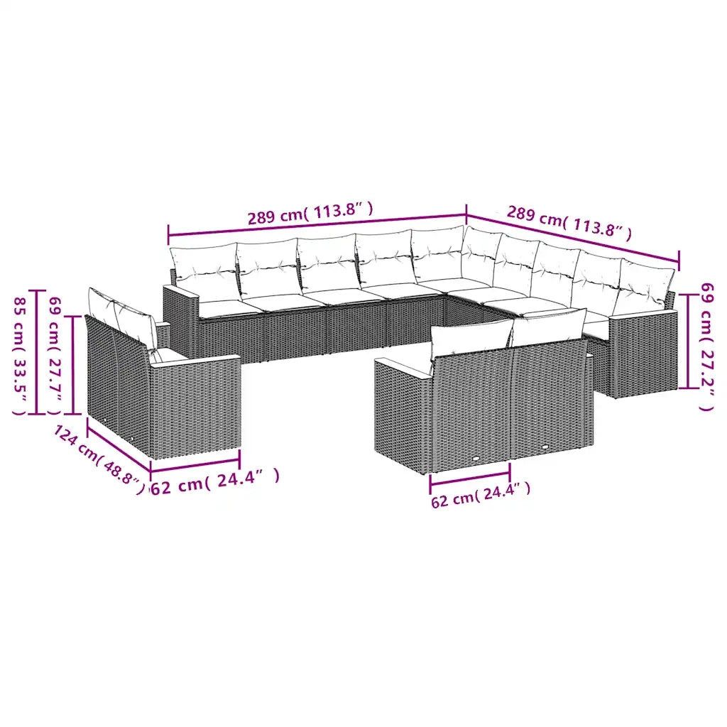Set Divani da Giardino 13 pz con Cuscini Grigio in Polyrattan 3226530