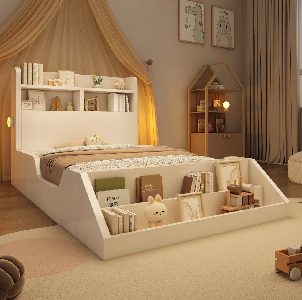 Letto singolo 90x200 cm in legno bianco con mensola; luci notturne e libreria rimovibile