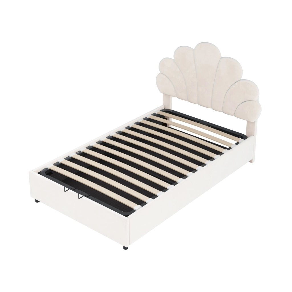 Letto imbottito 90x200 cm con vano contenitore idraulico in velluto beige