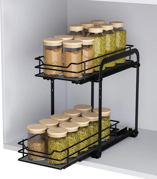 Organizzatore estensibile per armadi, 2 livelli di supporti per spezie, supporti per spezie regolabili in altezza, organizzatore per armadi, piano di appoggio per cucina per armadi interni, supporto per spezie in metallo pesante L10,4* B9* H9 pollici