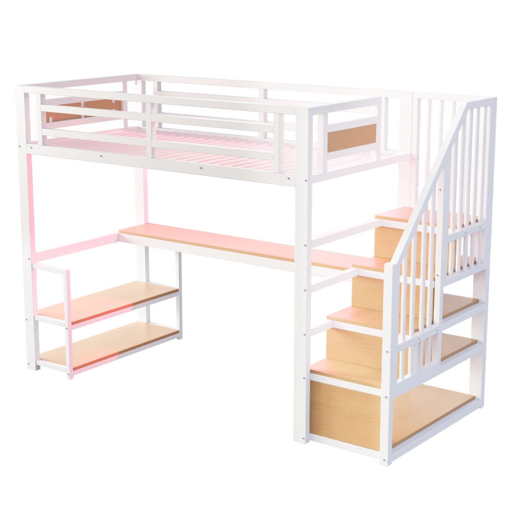 Letto a soppalco in metallo 90x200 cm con scrivania; scaffali e scala contenitore; bianco