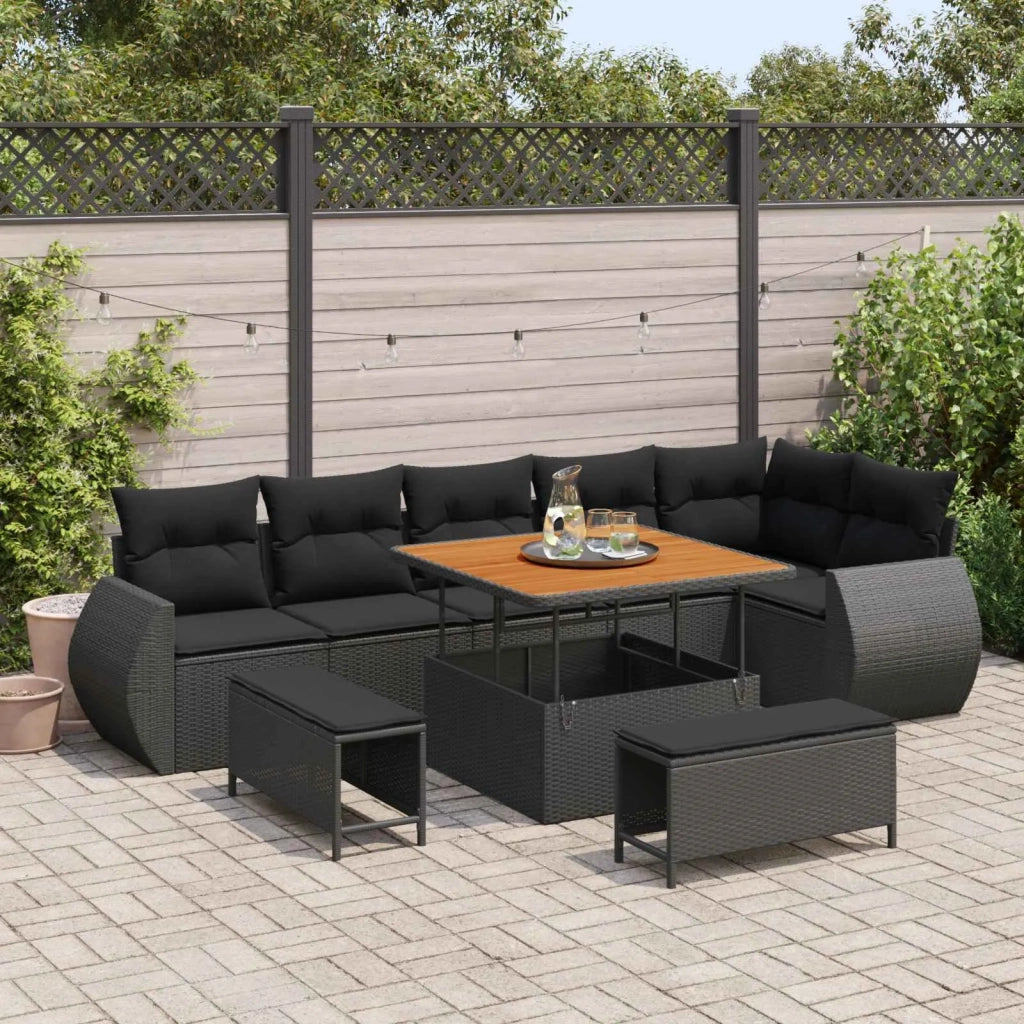 Set Divano da Giardino 9 pcs Nero Rattan in Polipropilene