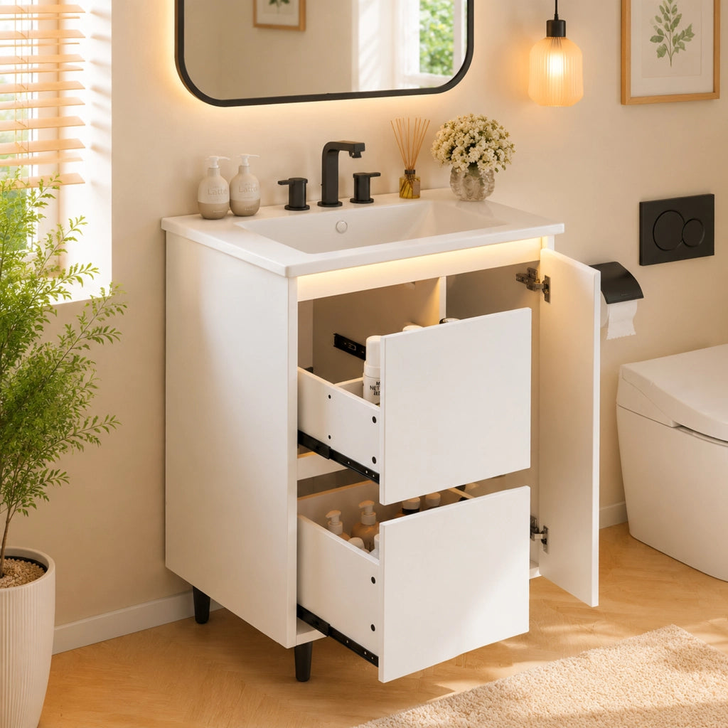 Mobile da bagno con 1 anta e 2 cassetti; lavabo in ceramica - per bagno - bianco