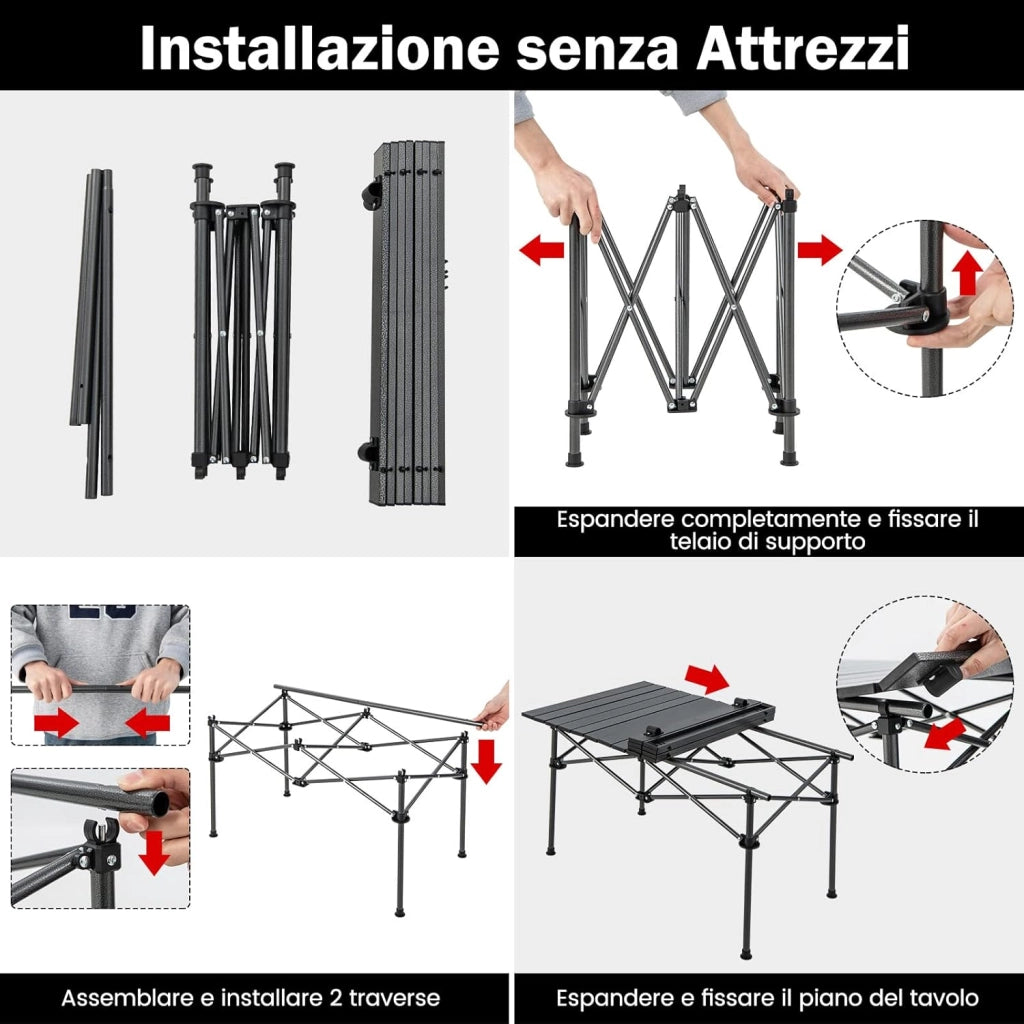 Tavolo da Campeggio in Alluminio per 4-6 Persone, Tavolo da Picnic Pieghevole e Leggero con Borsa per il Trasporto, Tavolo da Spiaggia Esterno Arrotolabile per Campeggio Escursioni Pesca, Nero