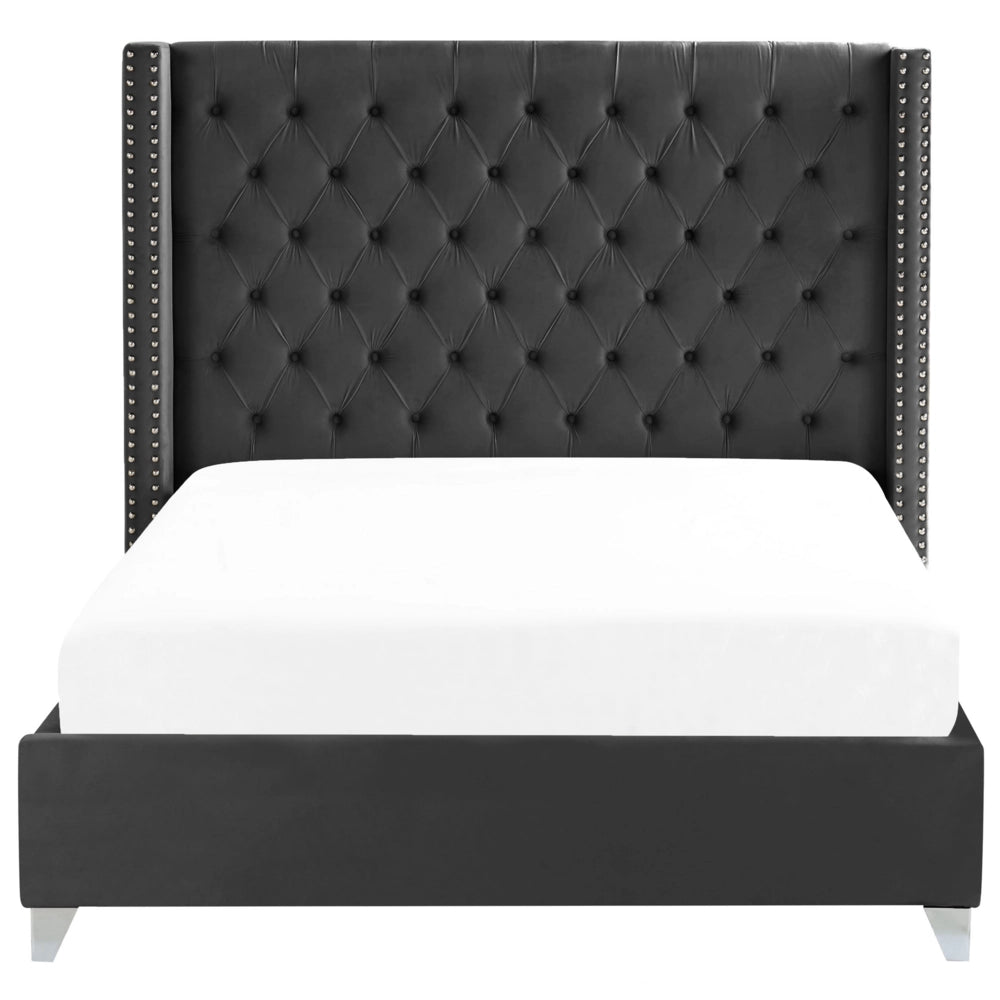 Letto a doghe velluto nero imbottito trapuntato poggiatesta 160 x 200 cm stile glamour elegante