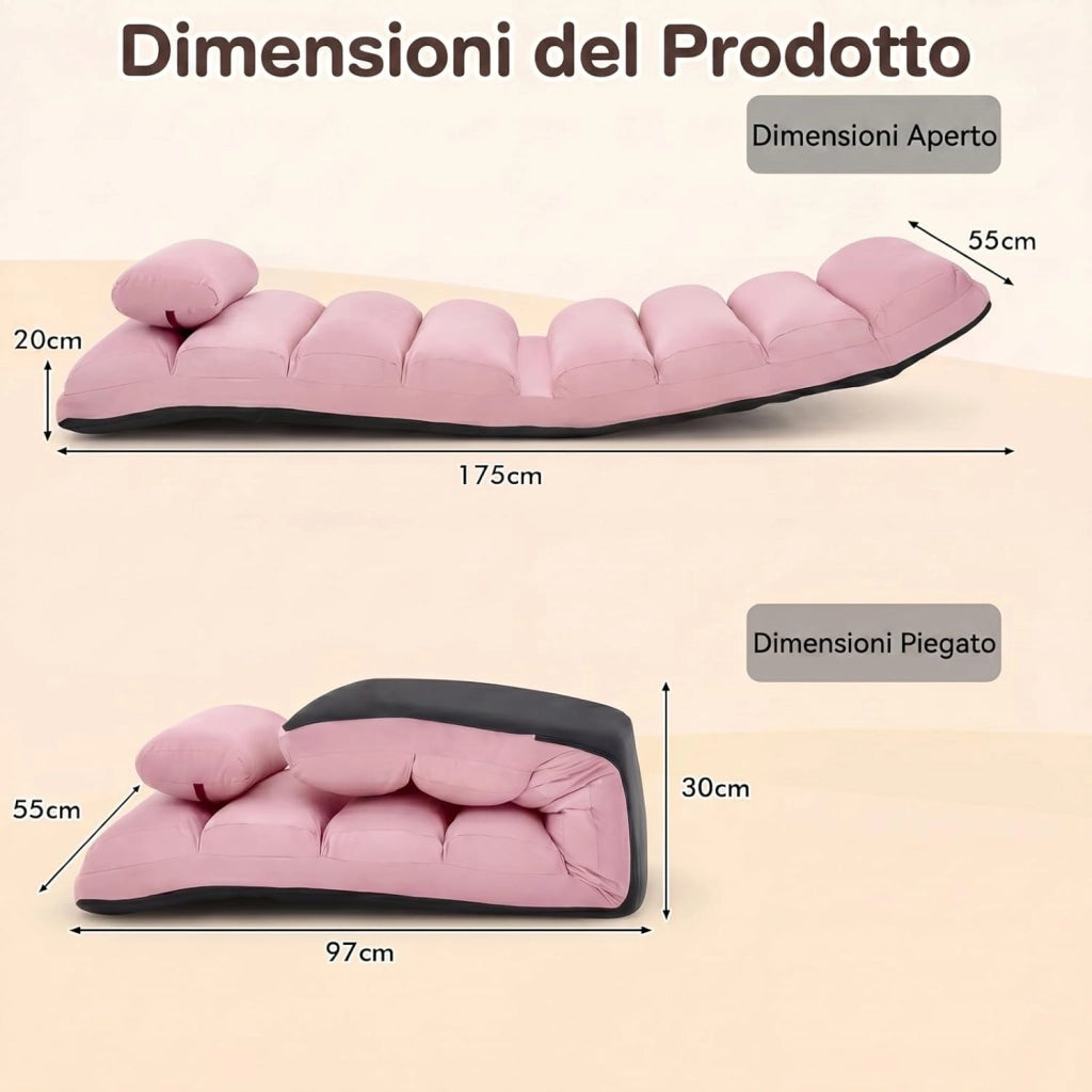 Poltrona Relax, Sedia Pieghevole da Pavimento, Divano Letto da Terra con Cuscino e Schienale Regolabile in 5 Posizioni, Sedia Imbottita Relax per Soggiorno, Camera da Letto (Rosa)