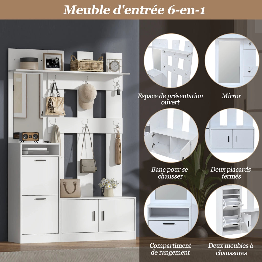Mobile ingresso con 2 ante; 2 ribalte; 6 ganci e specchio; per ingresso; bianco; 120 × 30 × 180 cm