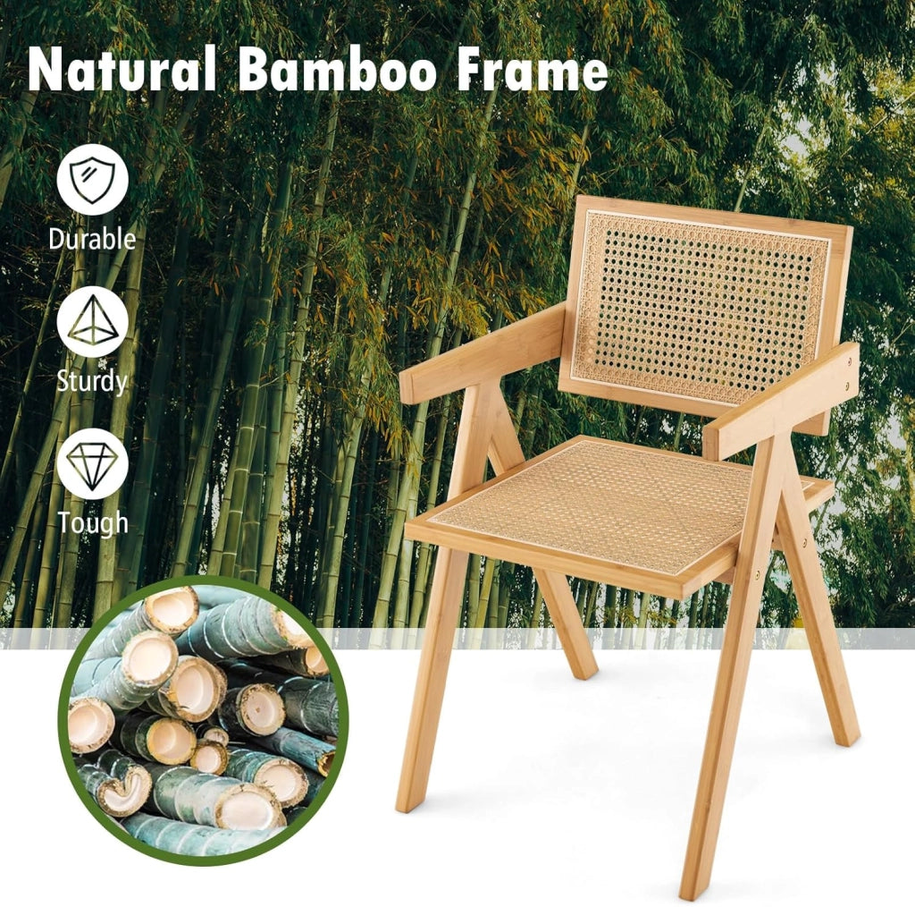 Set Sedie da Pranzo a 2 Pezzi, Schienale e Seduta in Finto Rattan Intrecciato, Sedie da Cucina di Bambù con Braccioli, Sedie in Stile Minimalista per Soggiorno, Balcone e Caffè