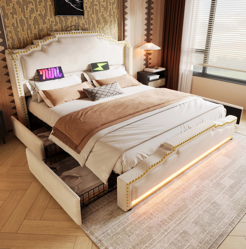 Letto matrimoniale imbottito 140x200 cm in velluto beige con 4 cassetti; LED e USB-C
