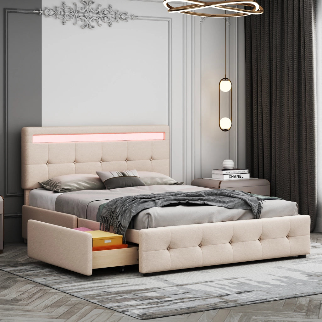 Letto Imbottito con LED, Contenitore e Testiera ¨C MINIMAL ¨C 140x200, Beige, 4 Cassetti