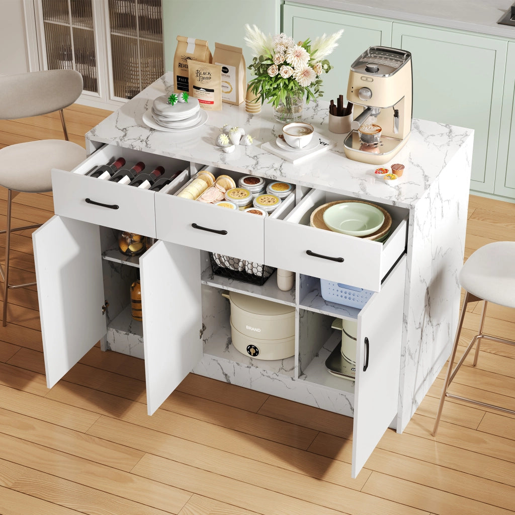 Isola da Cucina con 3 Cassetti e 3 Ante; Ripiani Regolabili e Zona Bar; in MDF; 120 x 60 x 90;5 cm