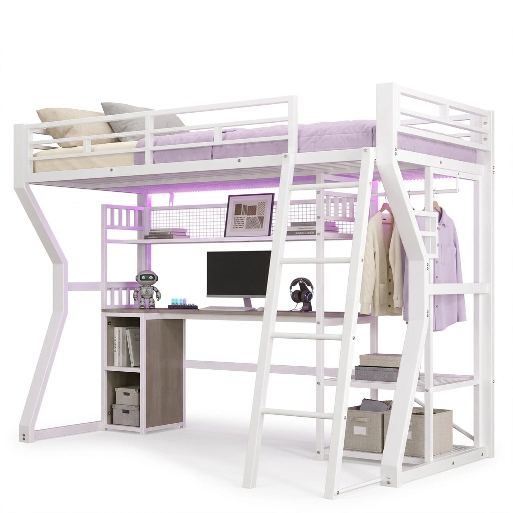 LETTO A CASTELLO 90x200 cm in metallo e MDF, bianco, con scrivania e luci