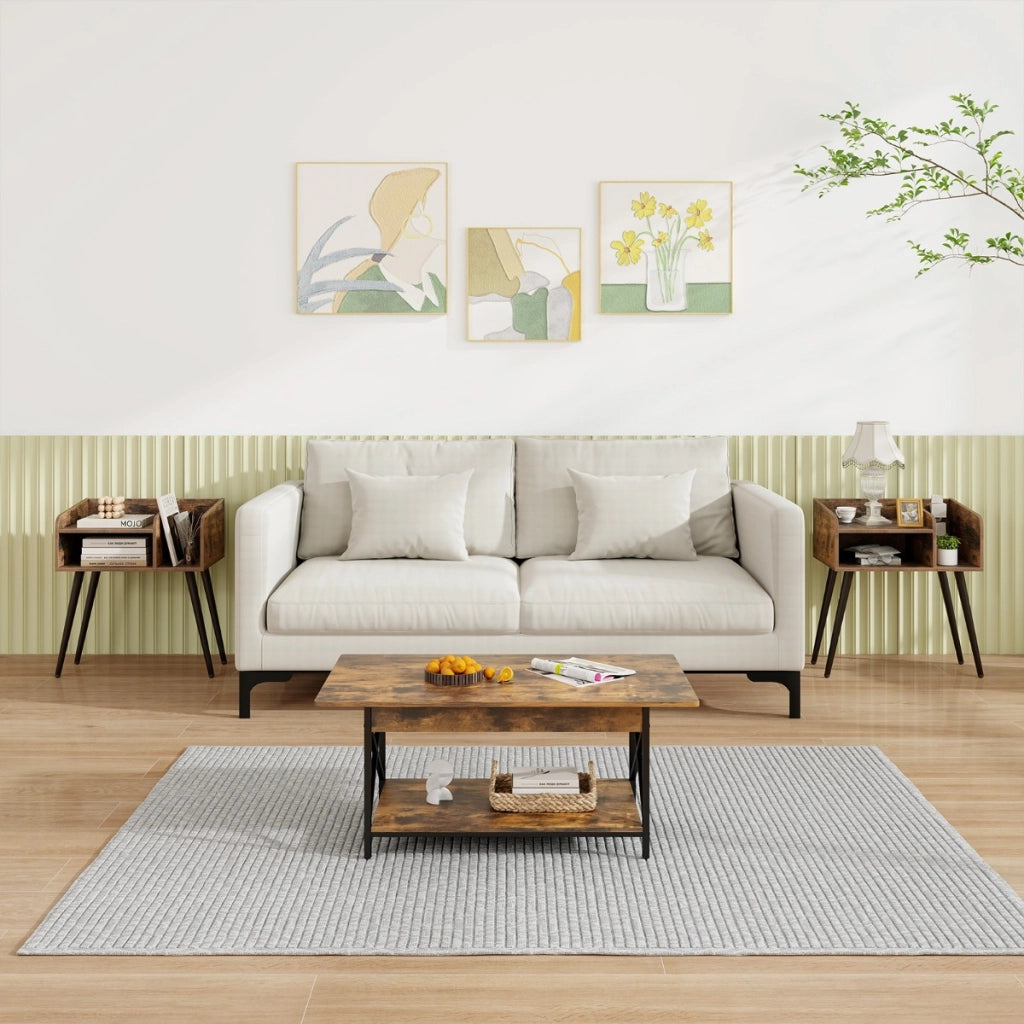 Set di 2 Comodini in stile moderno semplice ma pratico, Tavolini a 2 piani con mensole aperte Marrone rustico + Nero