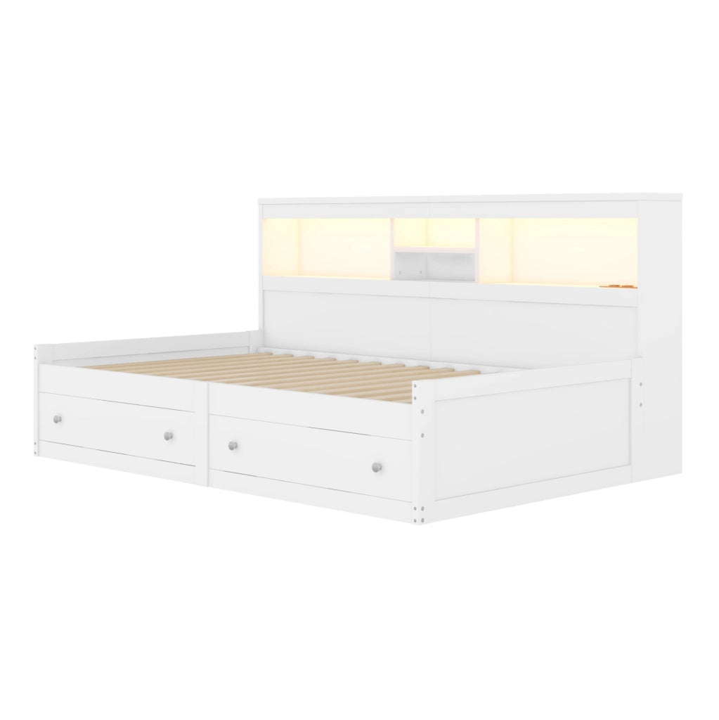Divano letto 90x200 cm con LED e USB; prese e 2 cassetti truciolare bianco (Senza materasso)
