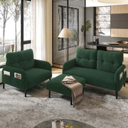 OKWISH Set da 3 Sedute con Divano 2 Posti, Poltrona e Poggiapiedi, Tasca Laterale, Velluto A Coste Verde Smeraldo
