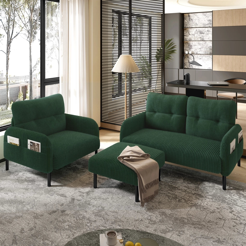 OKWISH Set da 3 Sedute con Divano 2 Posti, Poltrona e Poggiapiedi, Tasca Laterale, Velluto A Coste Verde Smeraldo