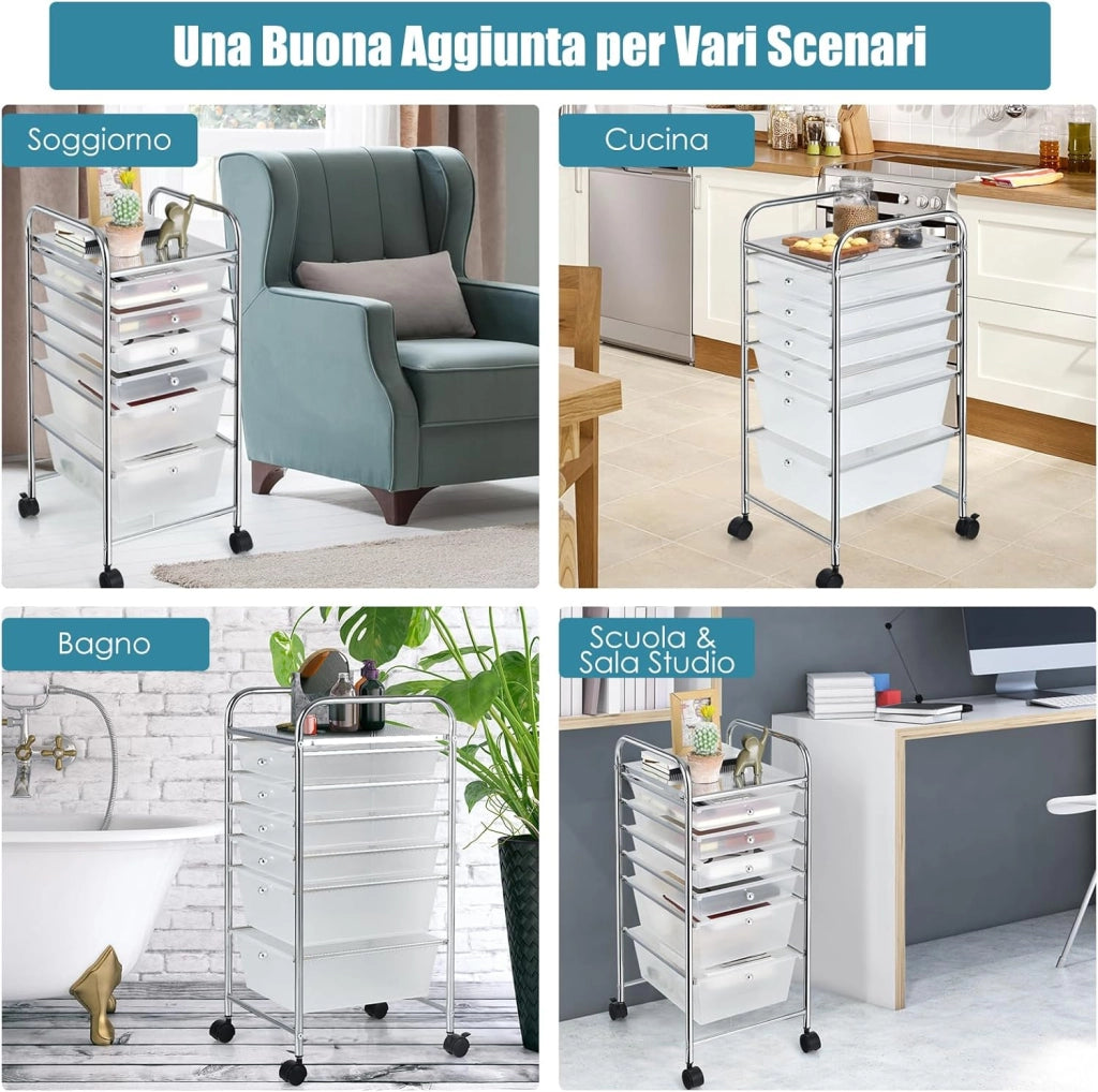 Carrello con 6 Cassetti e Ruote, Cassettiera in Plastica, con Due Dimensioni di Cassetti, Contenitore Multiuso per Casa Bagno e Ufficio, 37 x 74 x 32cm (Trasparente)