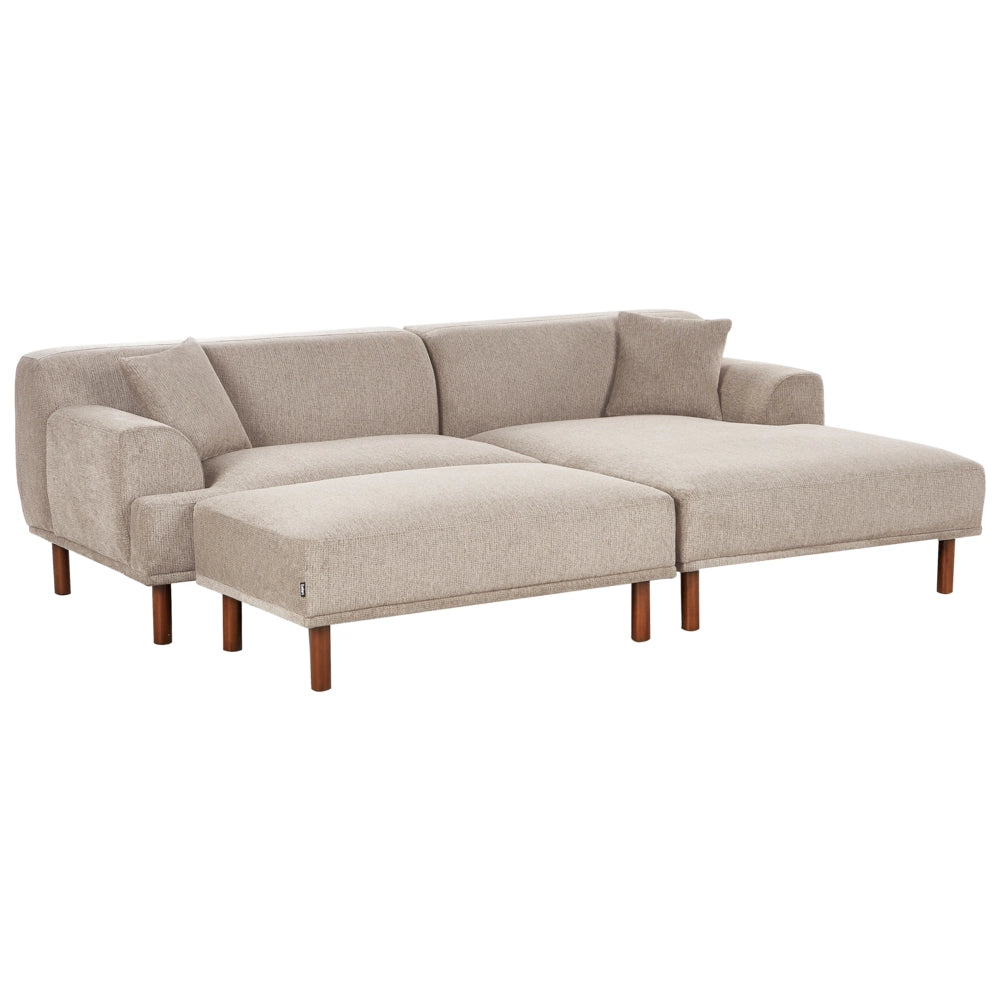Divano ad angolo sinistro in tessuto tortora lato sinistro con pouf stile minimalista