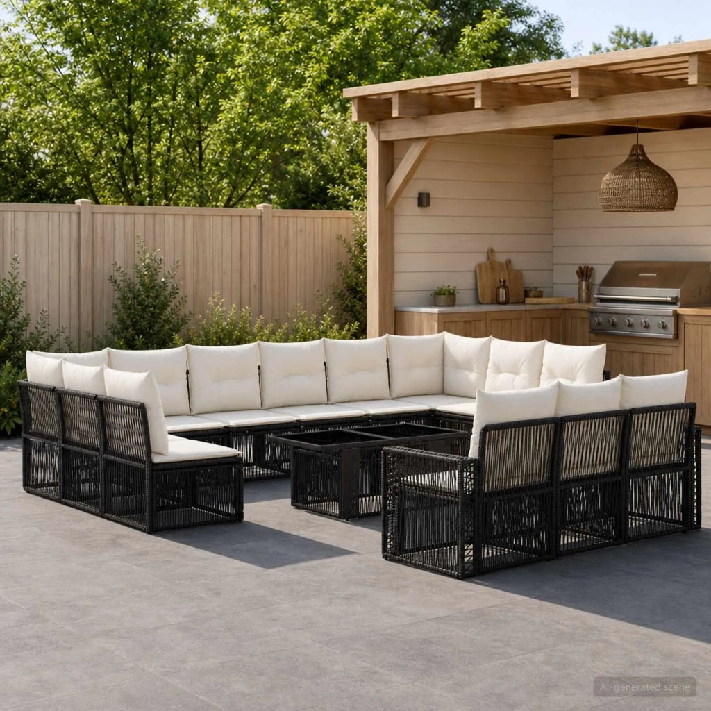 Set Divano da Giardino 14 pz Nero e Bianco Crema polyrattan 3436861