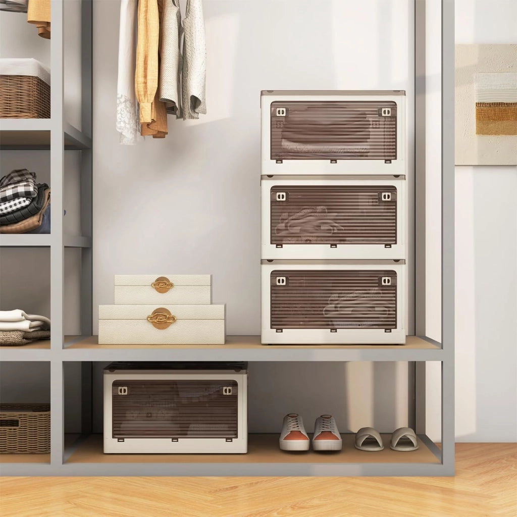 Contenitore in Plastica a 3 Strati e 5 Ante 132 L, Armadio Organizer Trasparente Pieghevole con Ruote Grande Capacità，Adatto a Camera da Letto, Ingresso, Cucina