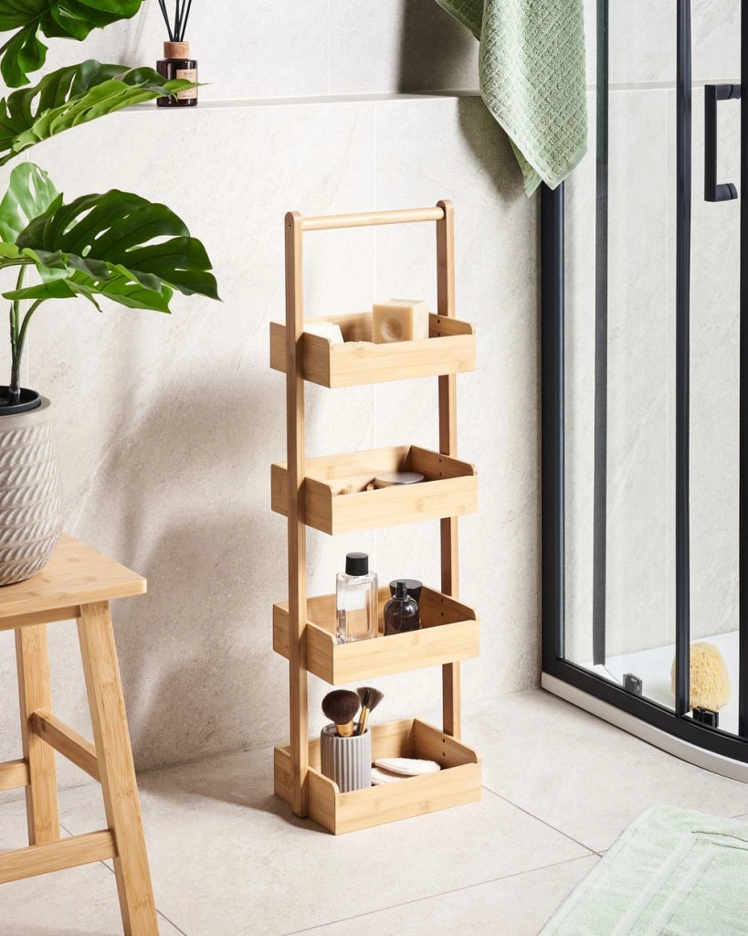 Scaffale da bagno in legno di bambù marrone chiaro a 4 livelli con cestello di design