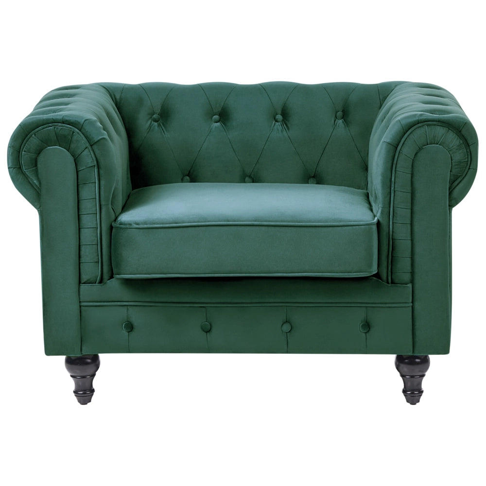 Set da soggiorno Chesterfield rivestimento in tessuto di velluto verde gambe in legno scuro divano a 3 posti + poltrona contemporanea