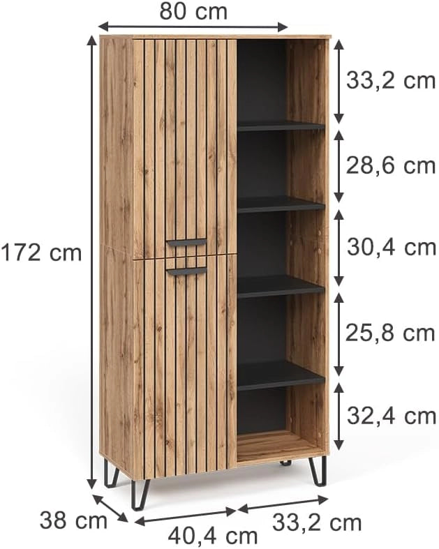 Armadio Amber, Quercia Wotan, 80 x 172 cm con 5 scomparti, per riporre libri, lampade e oggetti di uso quotidiano