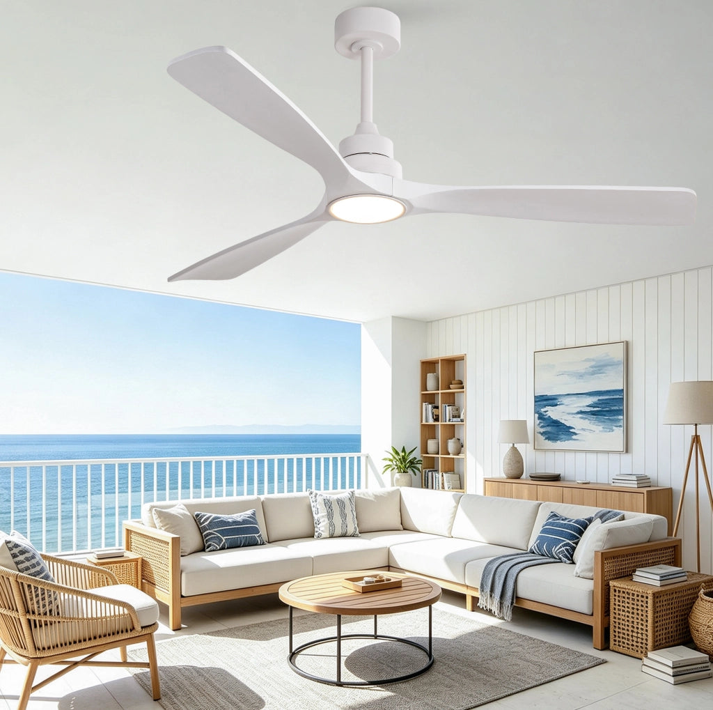 Ventilatore da soffitto da 60 pollici con luce LED; 3 pale in legno; bianco