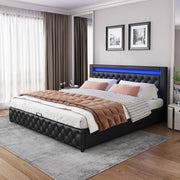 Letto imbottito 140x200 cm con rete a doghe, contenitore, illuminazione LED, colore nero, rivestimento PU