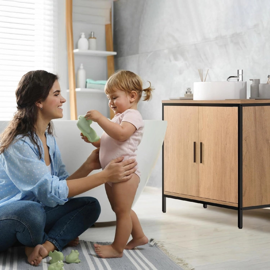 Mobile Sottolavabo per Bagno, Mobiletto Copricolonna da Bagno con Ripiano, Armadietto a 2 Ante in Legno e Metallo per Lavandino, Nero, 60x30x60cm