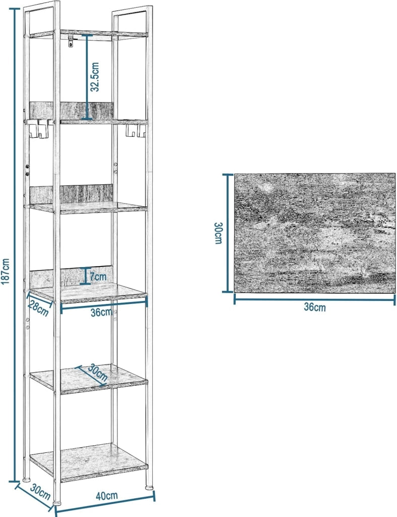 Libreria Industriale a 6 Livelli, Scaffale in Metallo e Legno per Soggiorno e Cucina, Salvaspazio con 4 Ganci, Nero + Legno Vintage, 40x30x187cm
