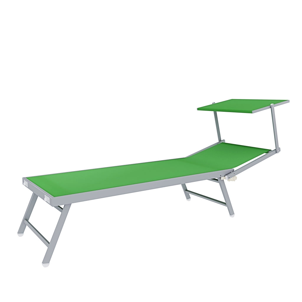 Lettino Sdraio Prendisole Professionale Richiudibile In Alluminio E Textilene con Tettino Parasole Orientabile Lettino Relax Mare Spiaggia Piscina Giardino Solarium 182 x 60 x 38 Cm Verde