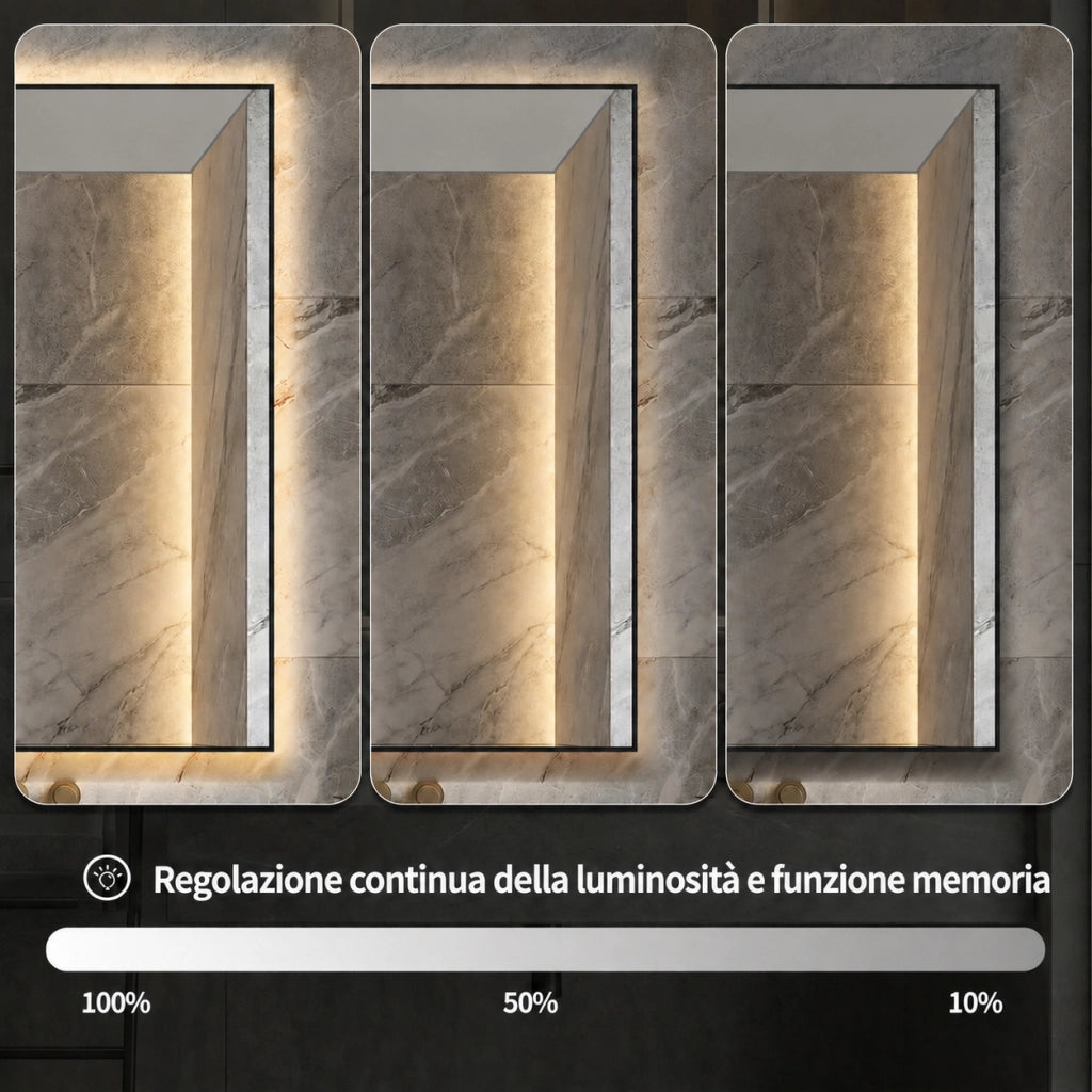 Specchio bagno led 50x70 cm retroilluminato con cornice in alluminio; antiappannamento