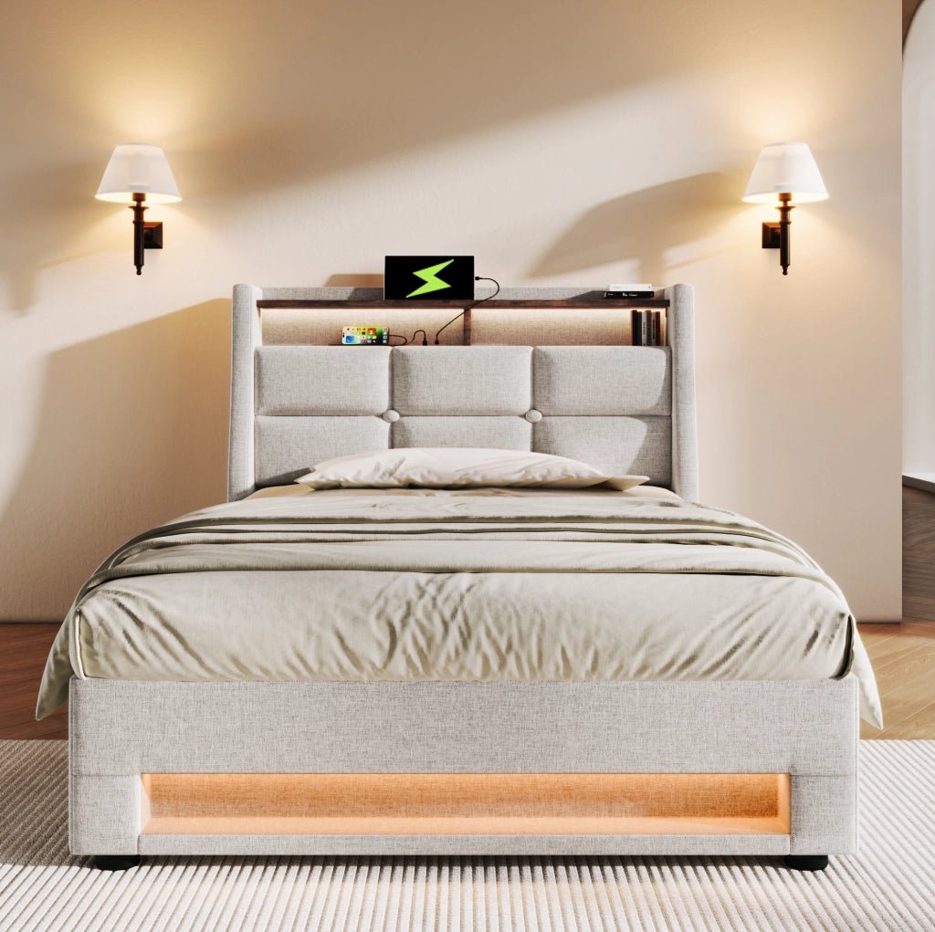 Letto singolo imbottito 90x200 cm beige con LED, USB e contenitore