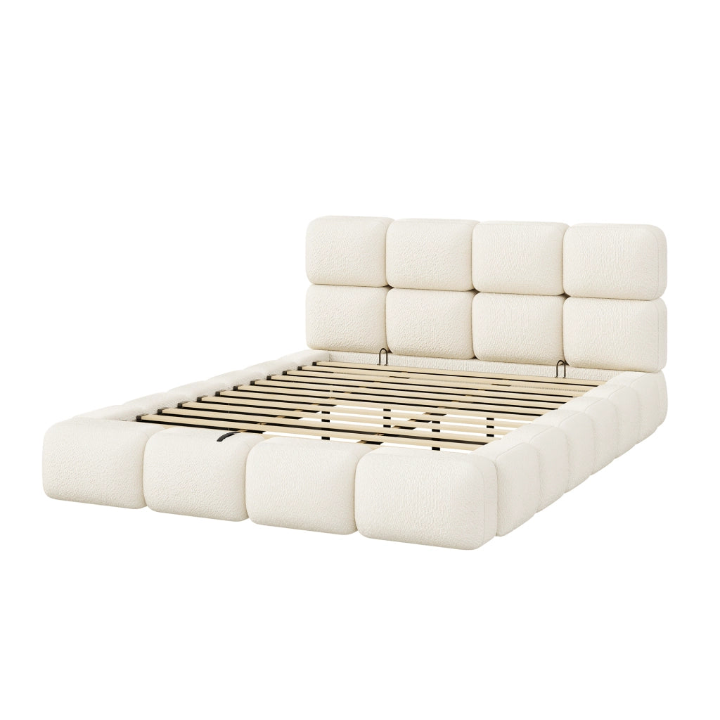 Letto Contenitore 180x200 cm; Letto Matrimoniale con Sollevamento Idraulico; Bouclé Bianco